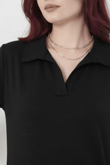 Collared Long Dress With Slit — Black