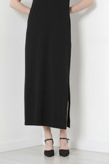 Collared Long Dress With Slit — Black