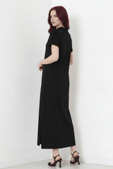 Collared Long Dress With Slit — Black