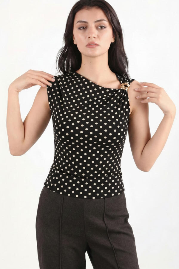 Gestipte Blouse Met Schoudergesp — Zwart