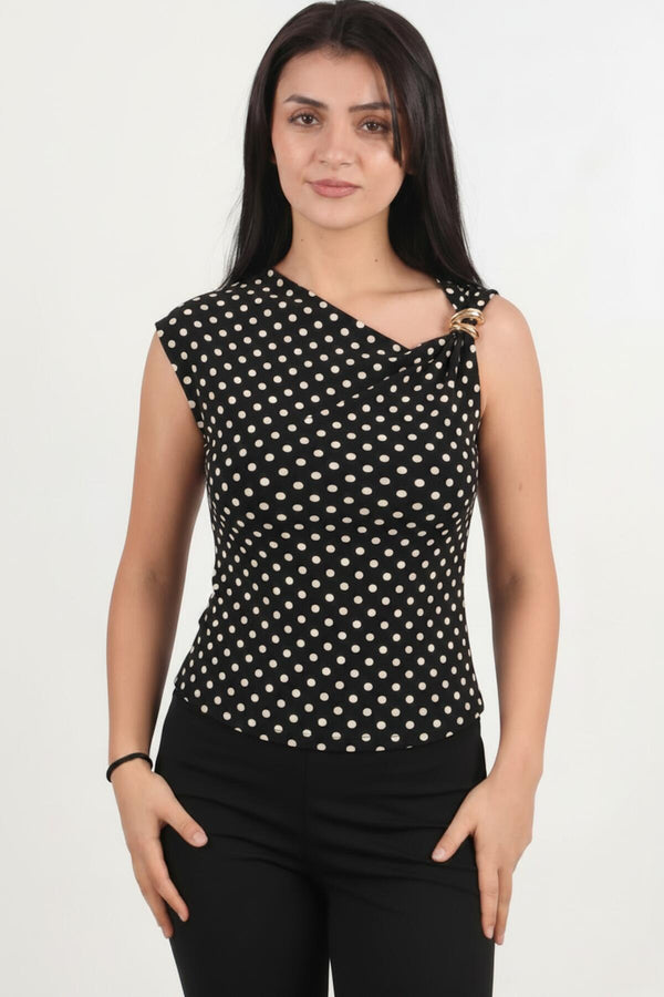 Gestipte Blouse Met Schoudergesp — Zwart
