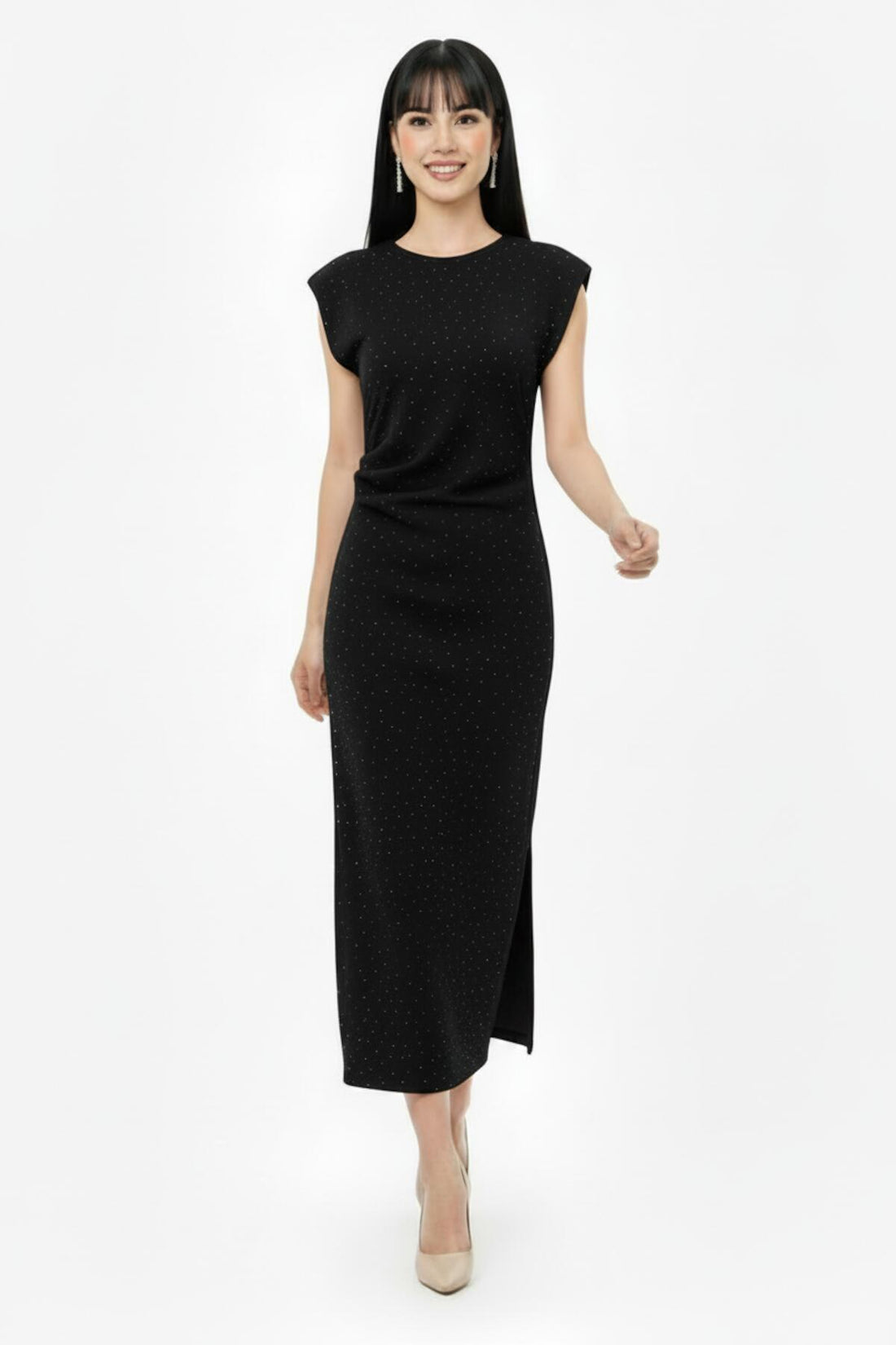 Robe Froncée À La Taille Avec Strass — Noir