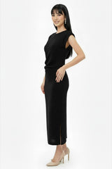 Robe Froncée À La Taille Avec Strass — Noir