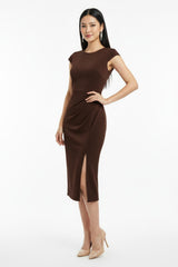 Robe Froncée À La Taille Avec Strass — Marron