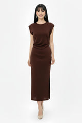 Robe Froncée À La Taille Avec Strass — Marron