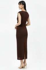 Robe Froncée À La Taille Avec Strass — Marron