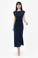 Kleid Mit Geraffter Taille Und Schmucksteinen — Marineblau