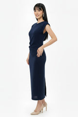 Kleid Mit Geraffter Taille Und Schmucksteinen — Marineblau