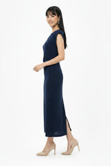 Kleid Mit Geraffter Taille Und Schmucksteinen — Marineblau