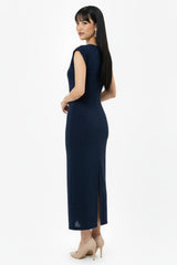 Kleid Mit Geraffter Taille Und Schmucksteinen — Marineblau