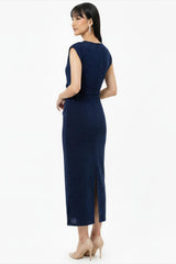 Kleid Mit Geraffter Taille Und Schmucksteinen — Marineblau