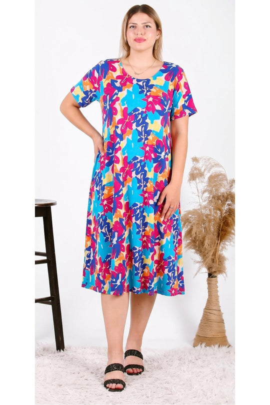 Plus - Size Korte Mouw Jurk — Blauw