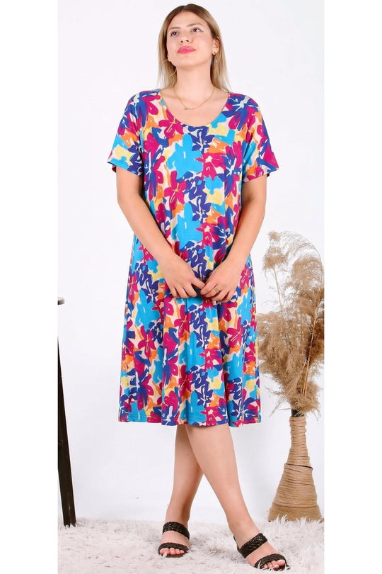 Plus - Size Korte Mouw Jurk — Blauw
