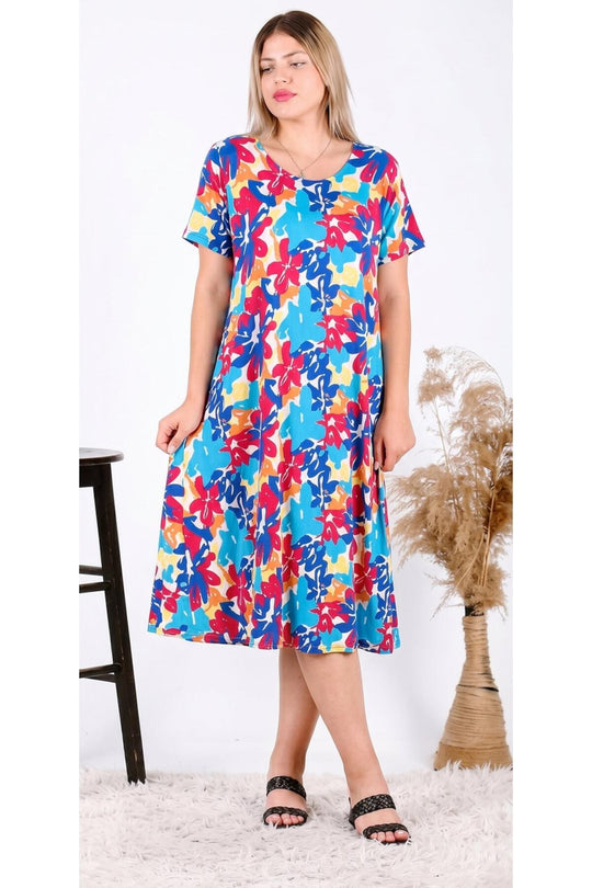 Plus - Size Korte Mouw Jurk — Blauw