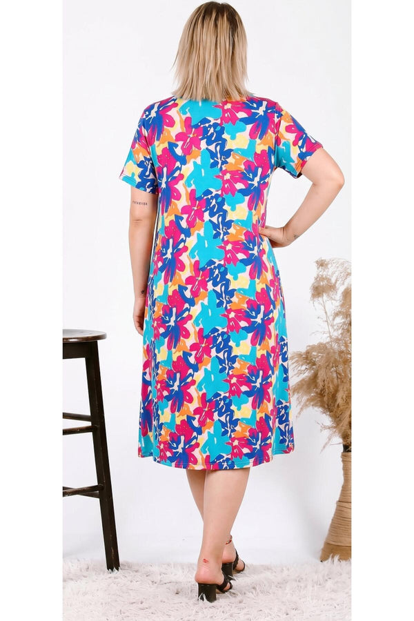 Plus - Size Korte Mouw Jurk — Blauw