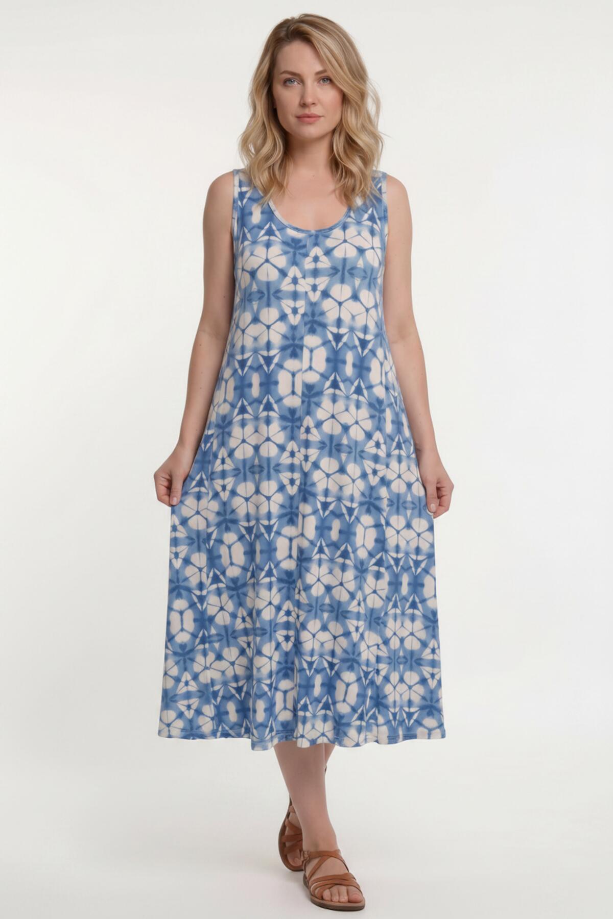 Patterned Cross‑Back Dress — Blue