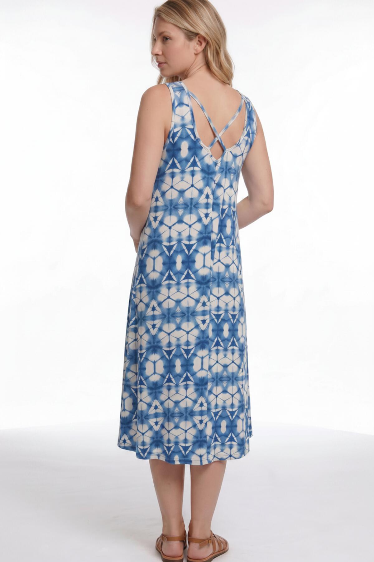 Patterned Cross‑Back Dress — Blue