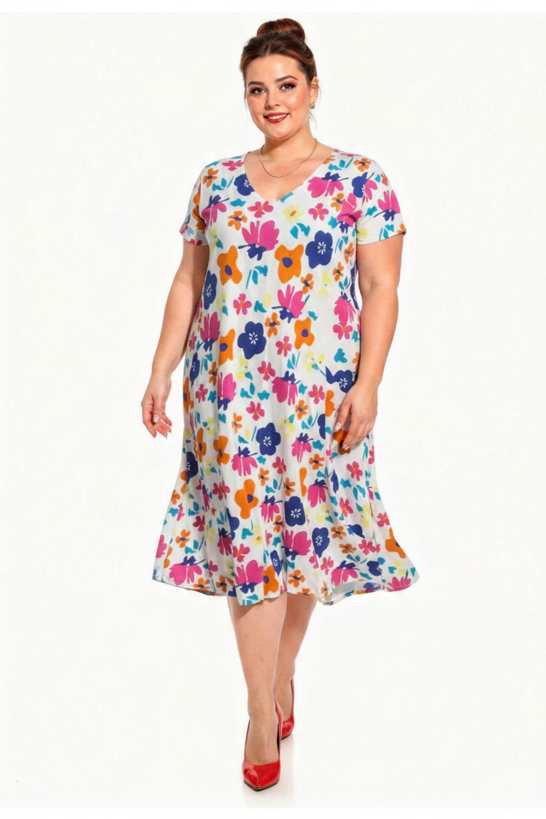 Robe Grande Taille À Encolure V Et Imprimé — Écru