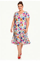 Robe Grande Taille À Encolure V Et Imprimé — Écru