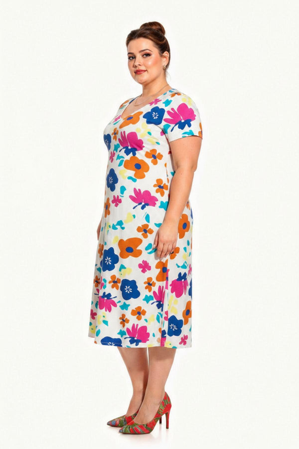 V‑Ausschnitt Kleid (Große Größen) Mit Muster — Ecru