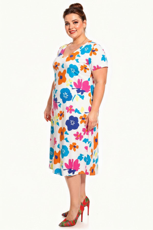 V‑Ausschnitt Kleid (Große Größen) Mit Muster — Ecru