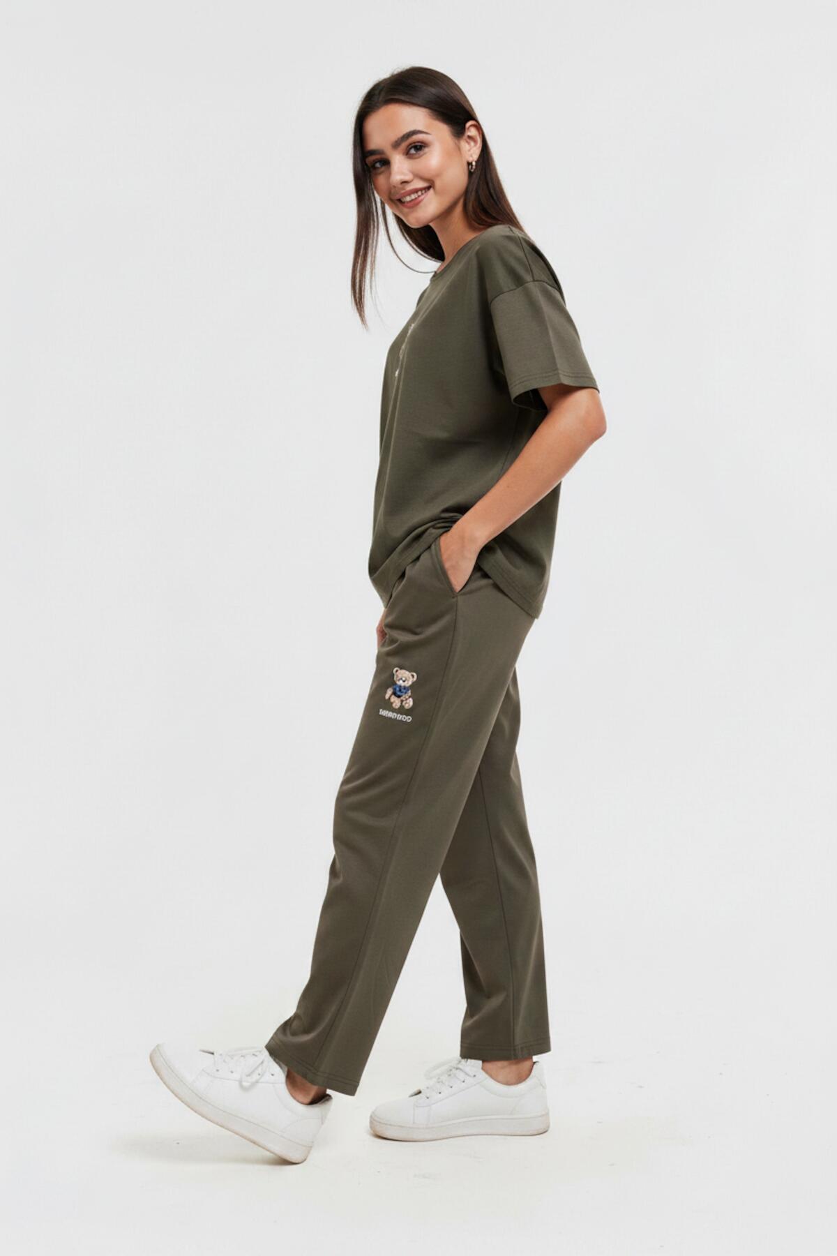 Bear Embroidered T - Shirt Set — Khaki