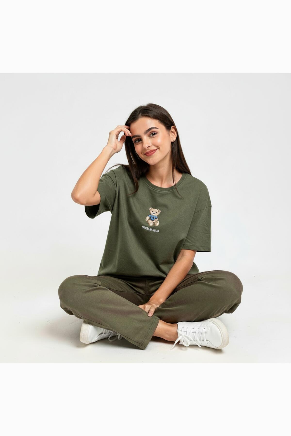 Bear Embroidered T - Shirt Set — Khaki