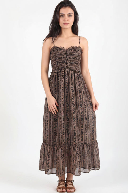 Bruine Jurk Met Fijne Bandjes En Elastische Taille