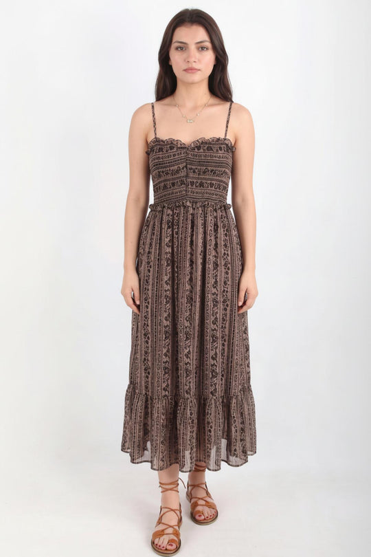Bruine Jurk Met Fijne Bandjes En Elastische Taille