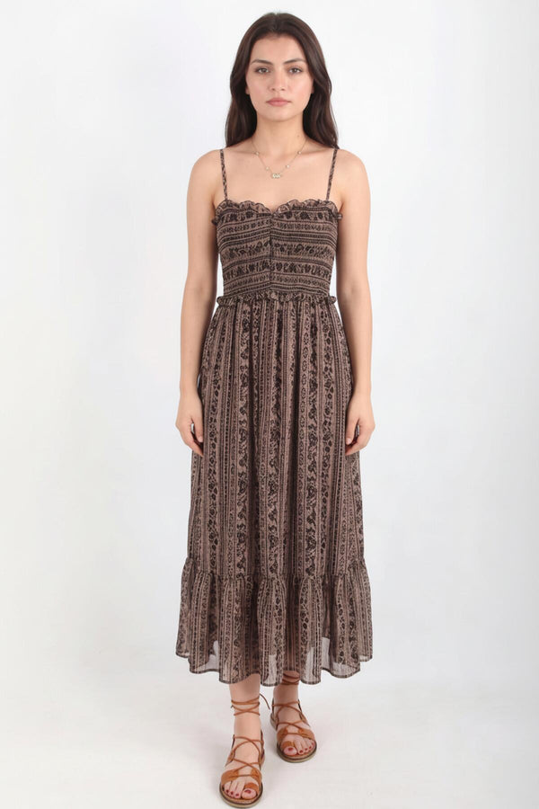 Bruine Jurk Met Fijne Bandjes En Elastische Taille