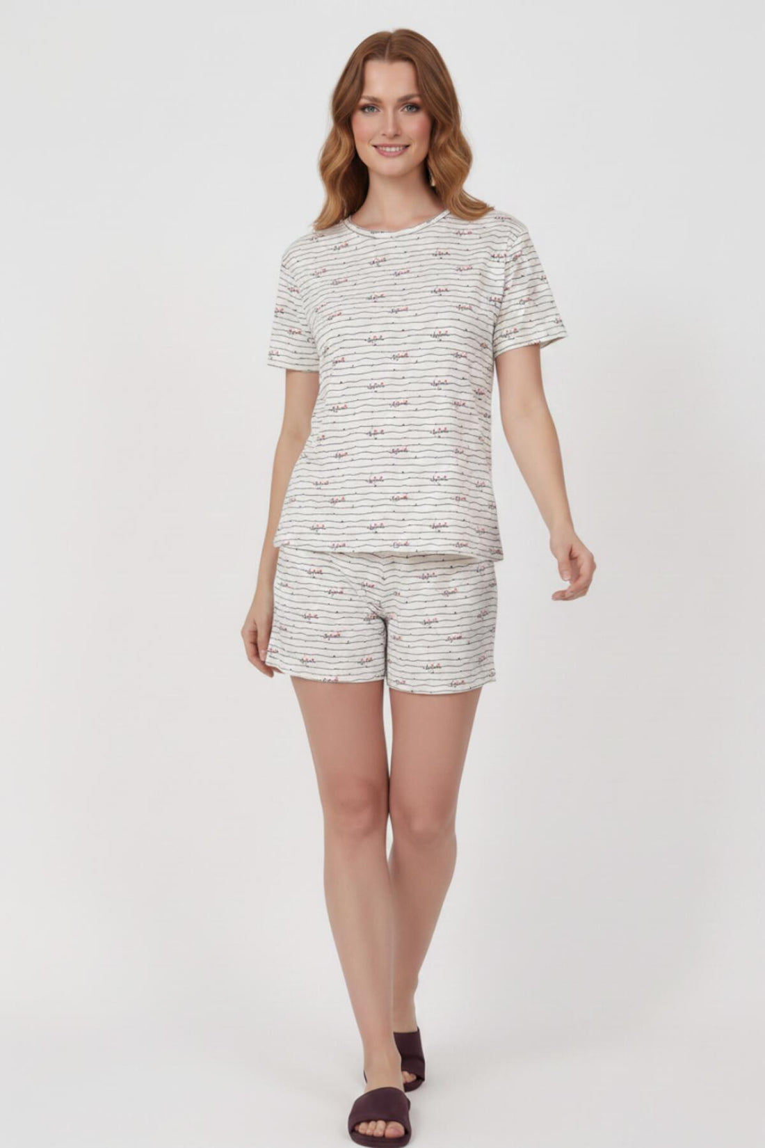 Gemustertes Damen - Kurzarm - Pyjama - Set – Ecru