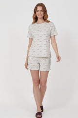Gemustertes Damen - Kurzarm - Pyjama - Set – Ecru