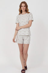 Gemustertes Damen - Kurzarm - Pyjama - Set – Ecru