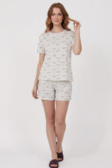 Gemustertes Damen - Kurzarm - Pyjama - Set – Ecru