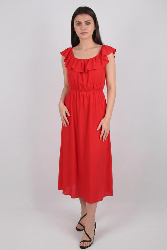 Rode Bardot - Jurk Met Ruches