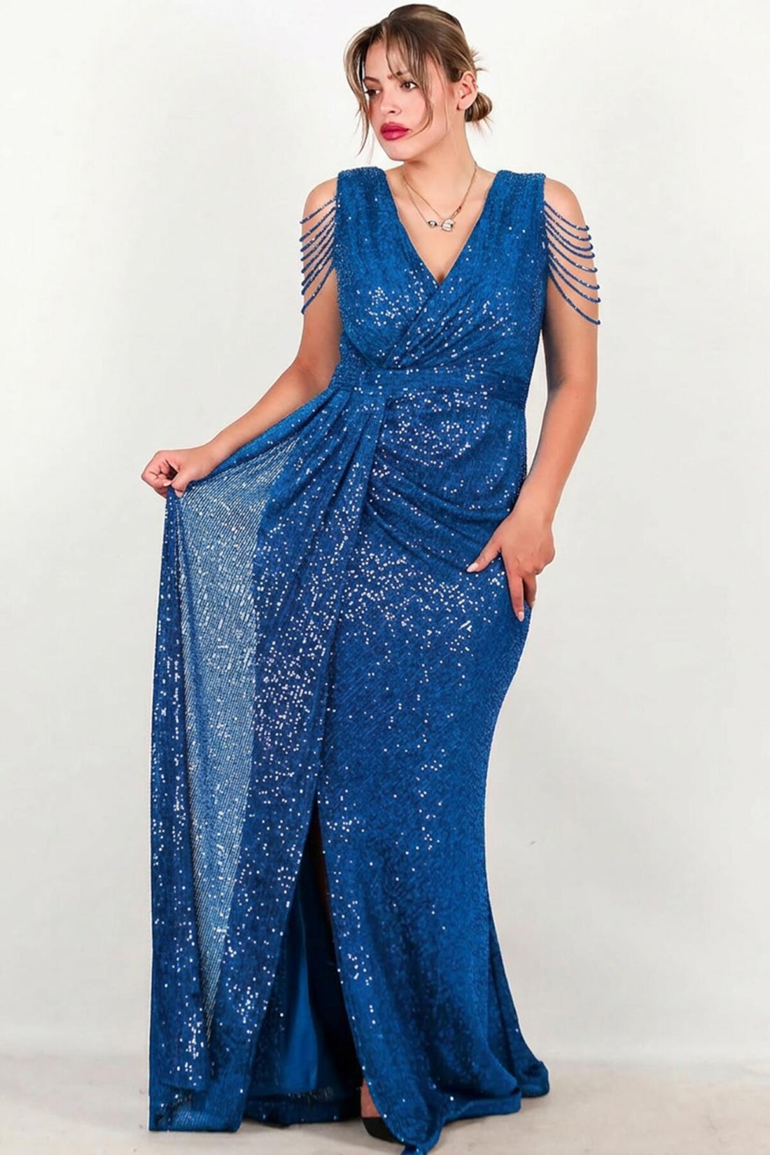 Robe Longue À Sequins Avec Chaîne Épaule, Grande Taille — Bleu