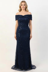 Robe Longue Sequins Et Perles, Détail D'encolure — Bleu Marine