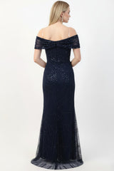 Robe Longue Sequins Et Perles, Détail D'encolure — Bleu Marine