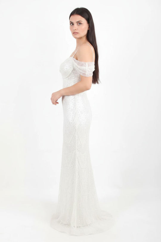 Weißes Schulterfreies Pailletten - Und Perlen - Abendkleid