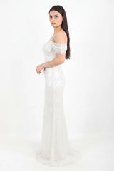 Robe De Soirée Blanche Épaules Dénudées, Sequins Et Perles