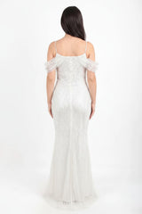 Robe De Soirée Blanche Épaules Dénudées, Sequins Et Perles