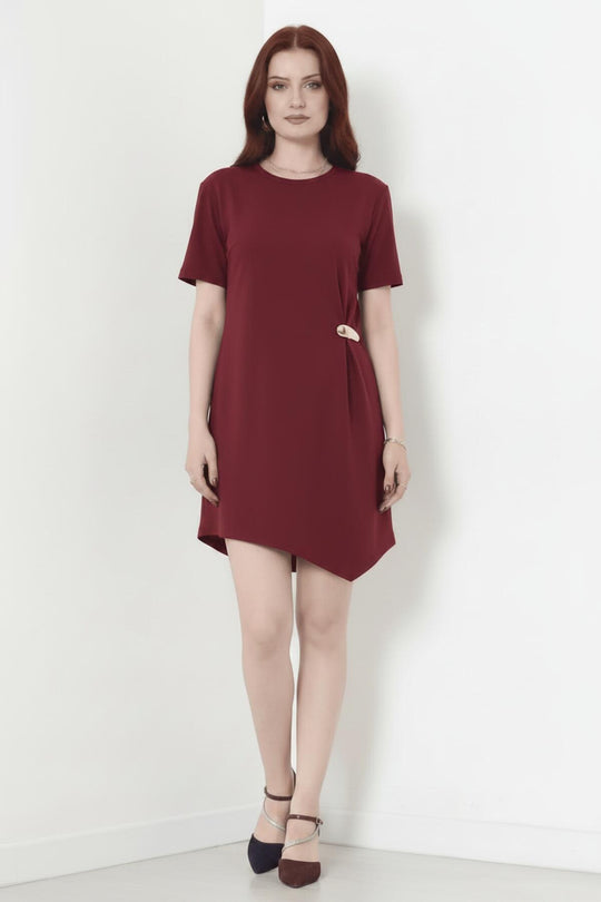 Kurzarmkleid Mit Accessoire‑Detail – Bordeaux