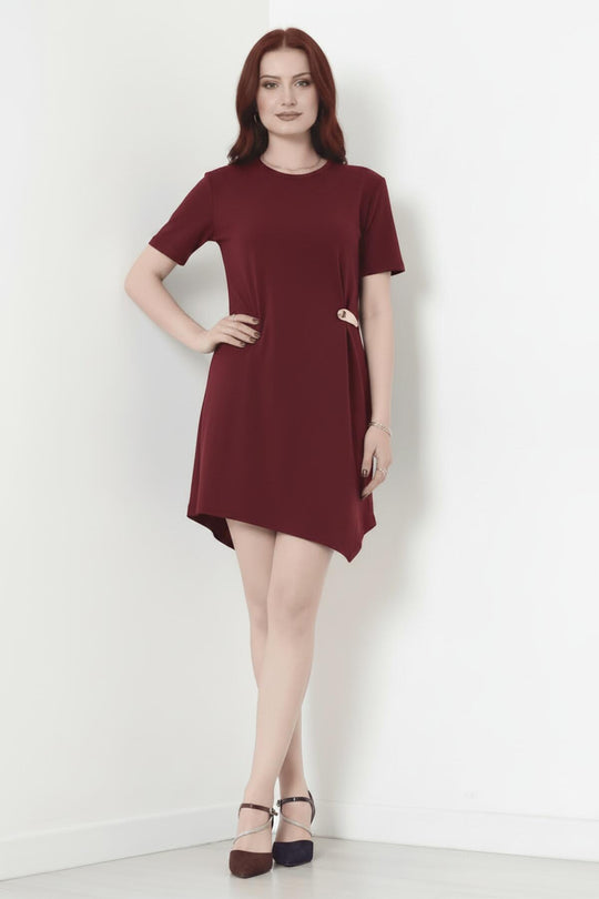 Kurzarmkleid Mit Accessoire‑Detail – Bordeaux