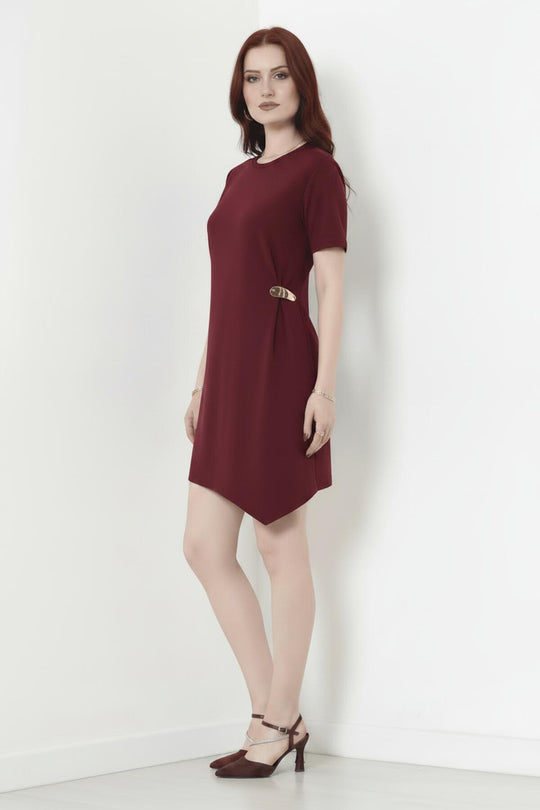 Kurzarmkleid Mit Accessoire‑Detail – Bordeaux