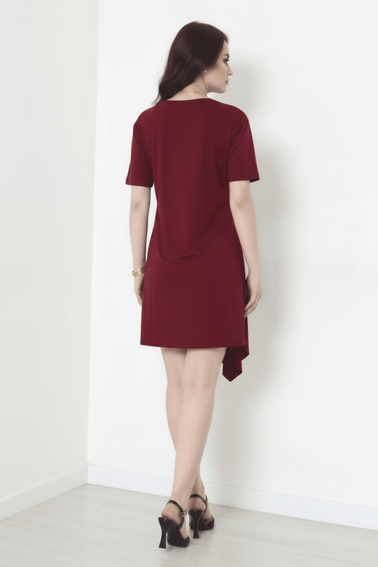 Kurzarmkleid Mit Accessoire‑Detail – Bordeaux