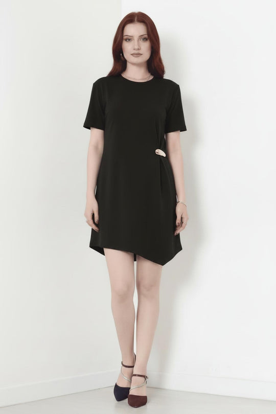 Kurzarmkleid Mit Accessoire‑Detail – Schwarz