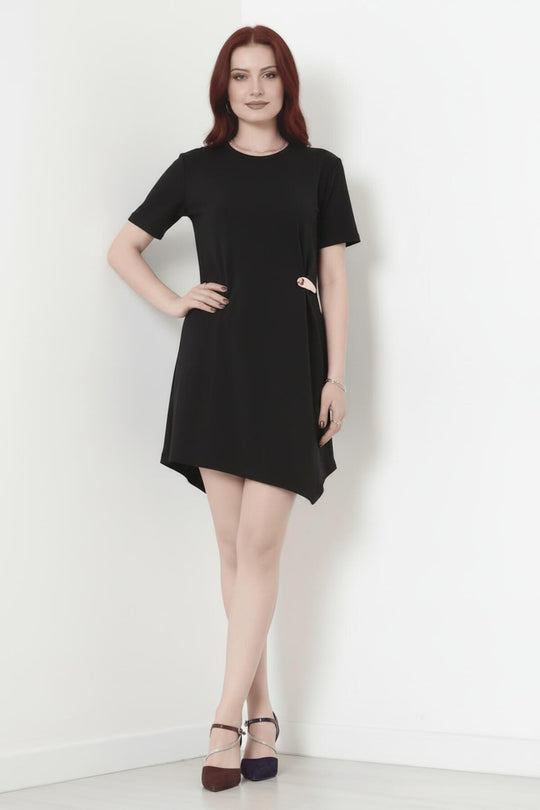 Kurzarmkleid Mit Accessoire‑Detail – Schwarz
