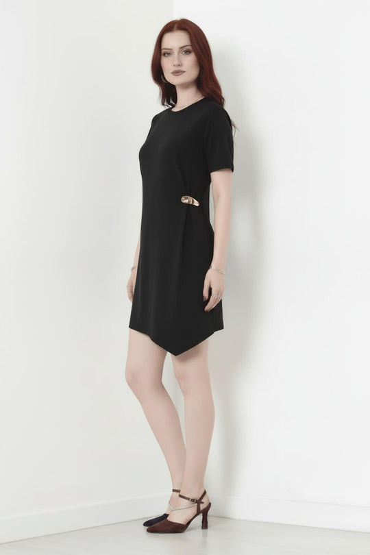 Kurzarmkleid Mit Accessoire‑Detail – Schwarz