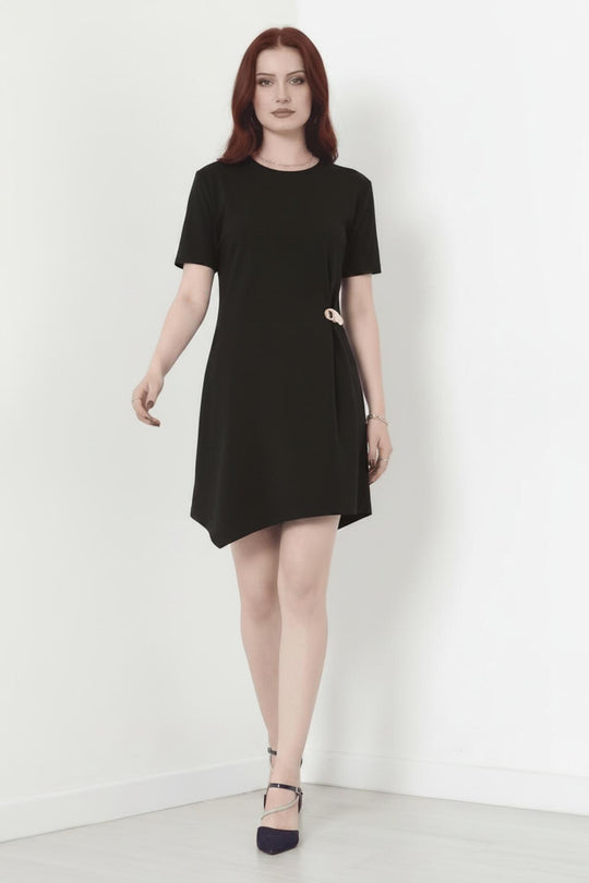 Kurzarmkleid Mit Accessoire‑Detail – Schwarz