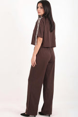 Ensemble Deux Pièces Pantalon Large Avec Bande Ceinture — Marron